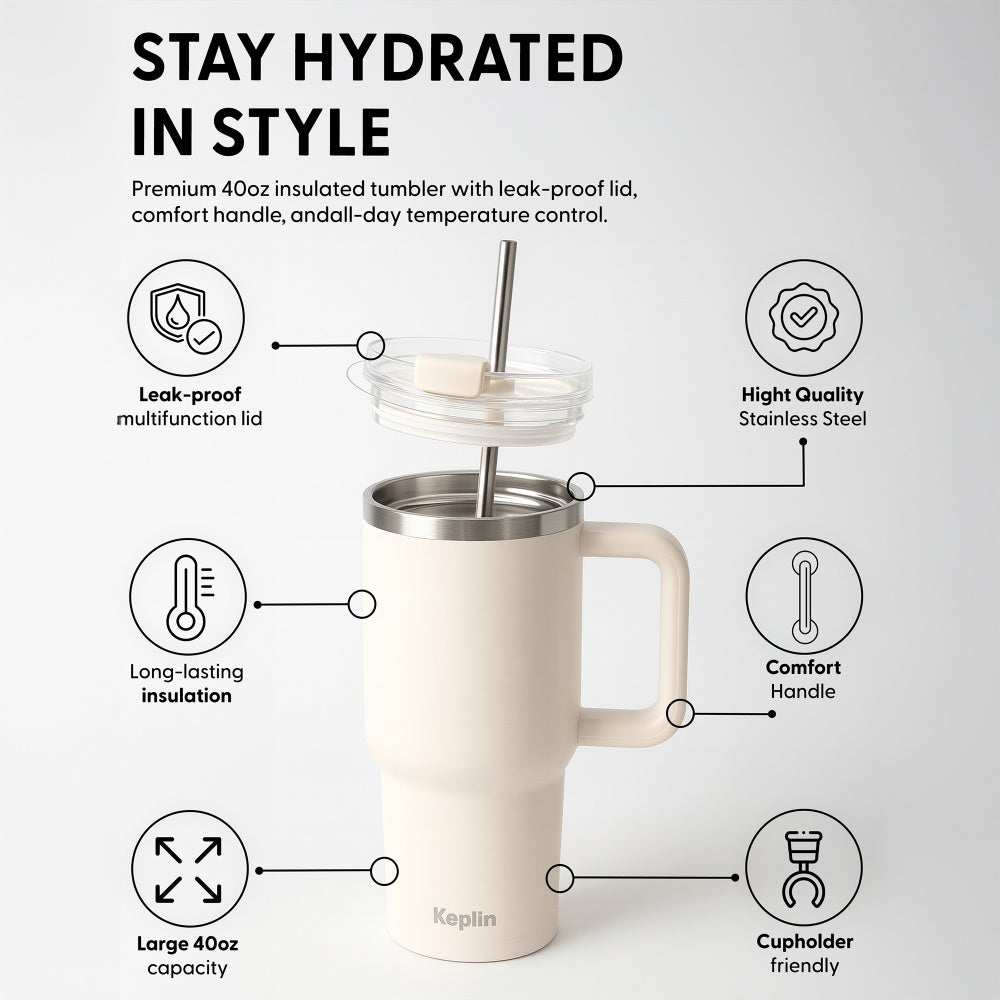 Cream White 40oz Vacuum Tumbler Stainless Steel Lid Handle UK