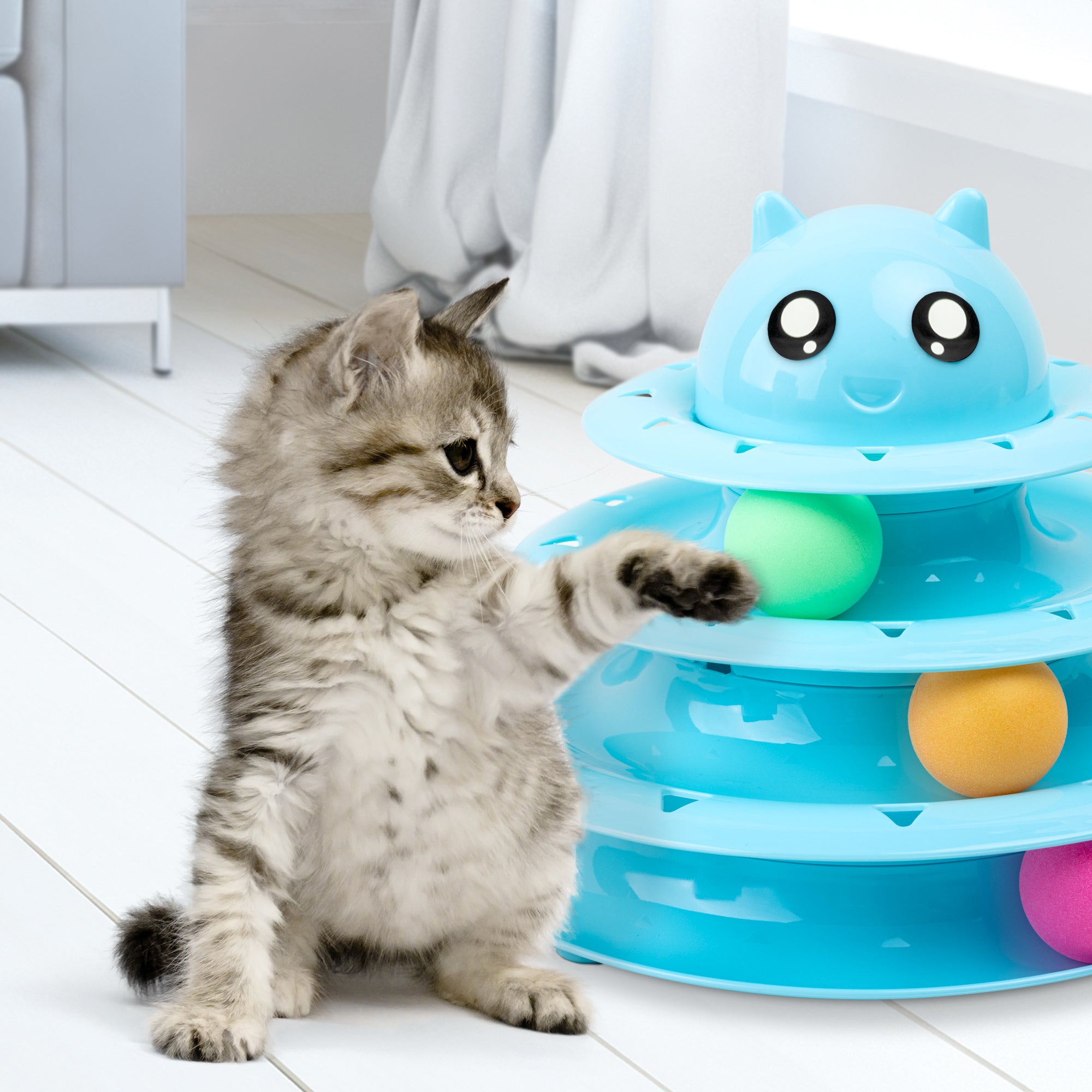 FurDreams Cat Roller Ball Toy Interactive | 3 Tier Tower Fun Cat Ball Toy with 3 Colour Balls | 3 Level Cat Teaser Toy with Cat Play Balls | Cat Puzzle Toy for Exercise and Stimulation