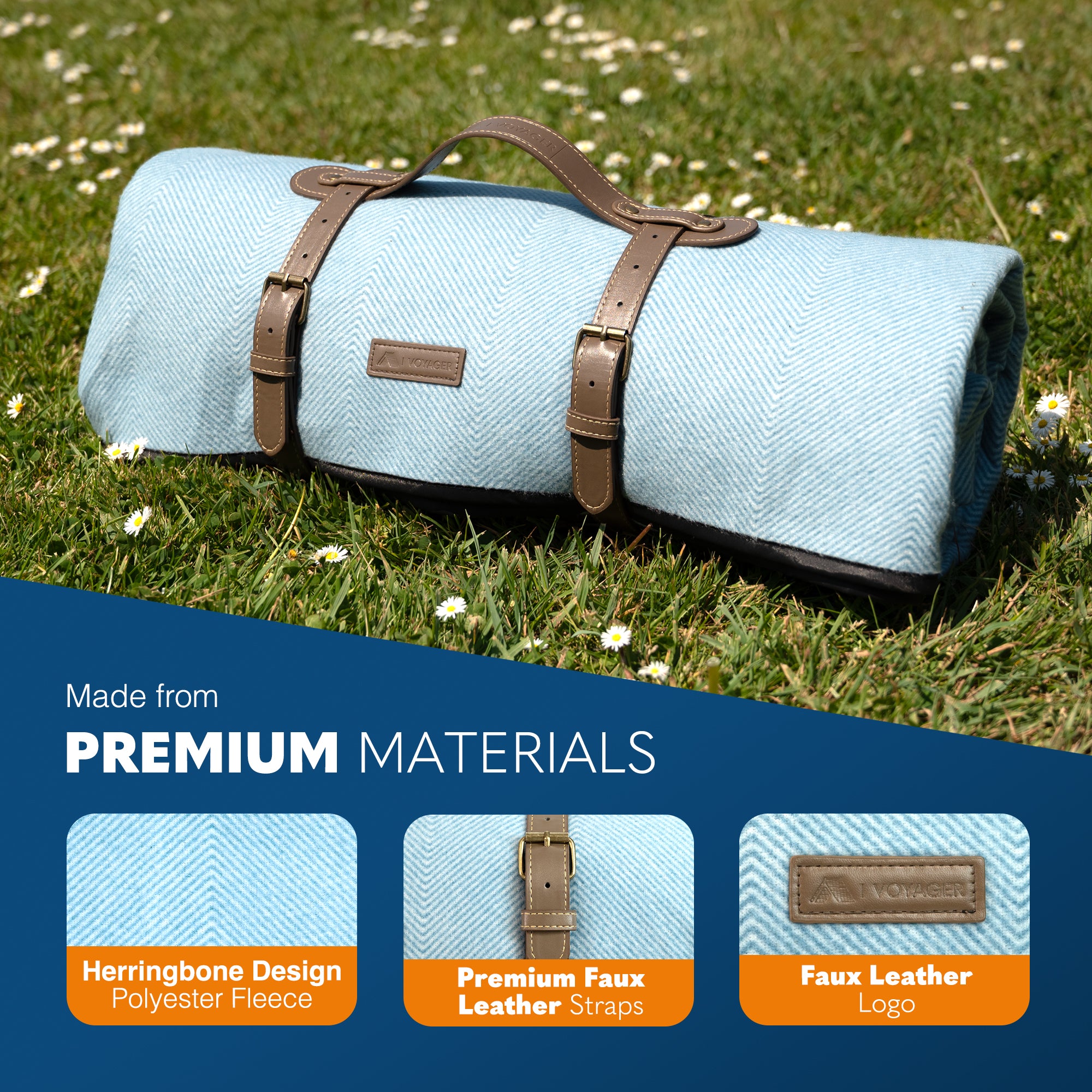 Voyager Picnic Blanket – Herringbone Extra Large Outdoor Rug 200x200cm – Waterproof & Sandproof Mat for 6-8 People – Foldable with Handle – Stylish Camping & Beach Blanket