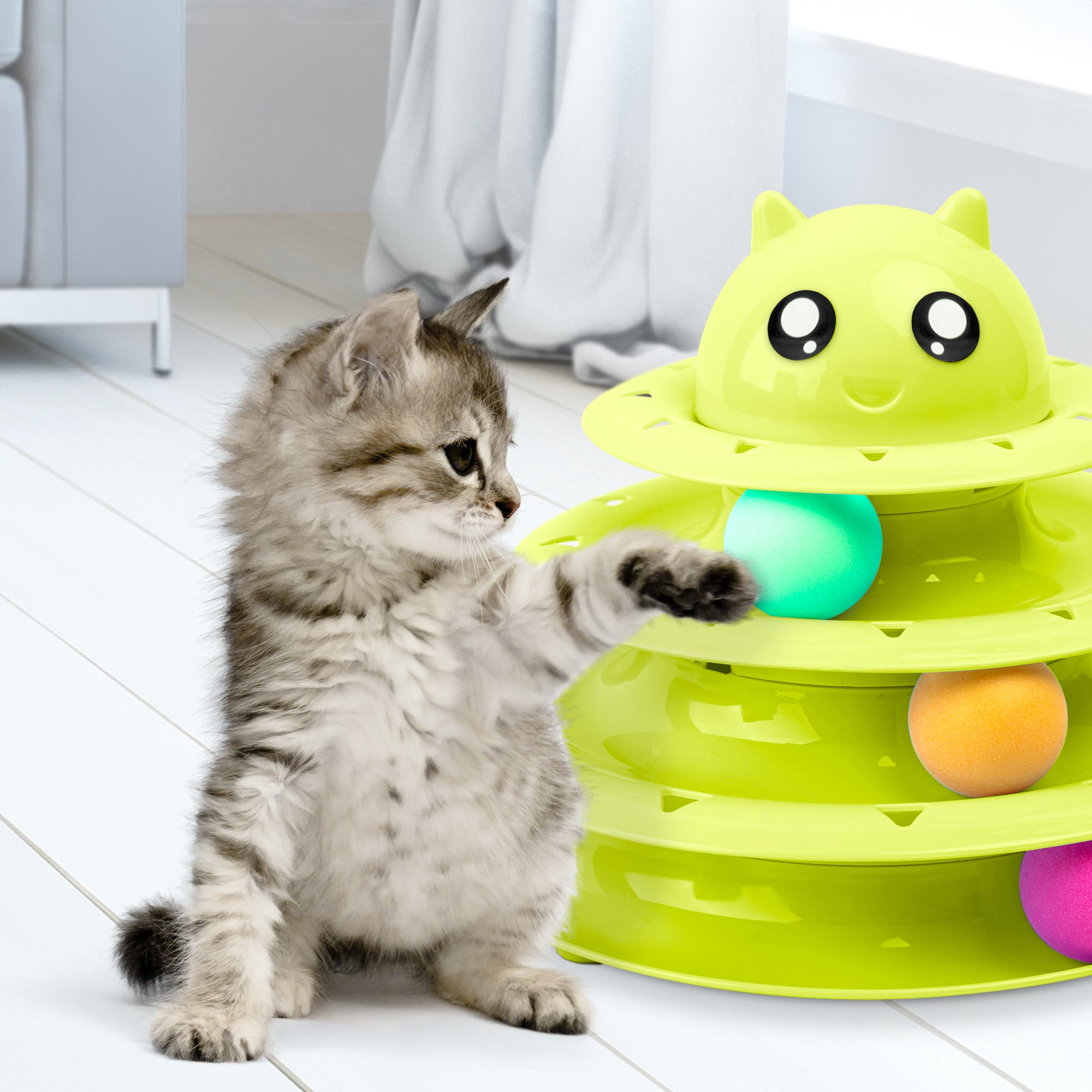 FurDreams Cat Roller Ball Toy Interactive | 3 Tier Tower Fun Cat Ball Toy with 3 Colour Balls | 3 Level Cat Teaser Toy with Cat Play Balls | Cat Puzzle Toy for Exercise and Stimulation