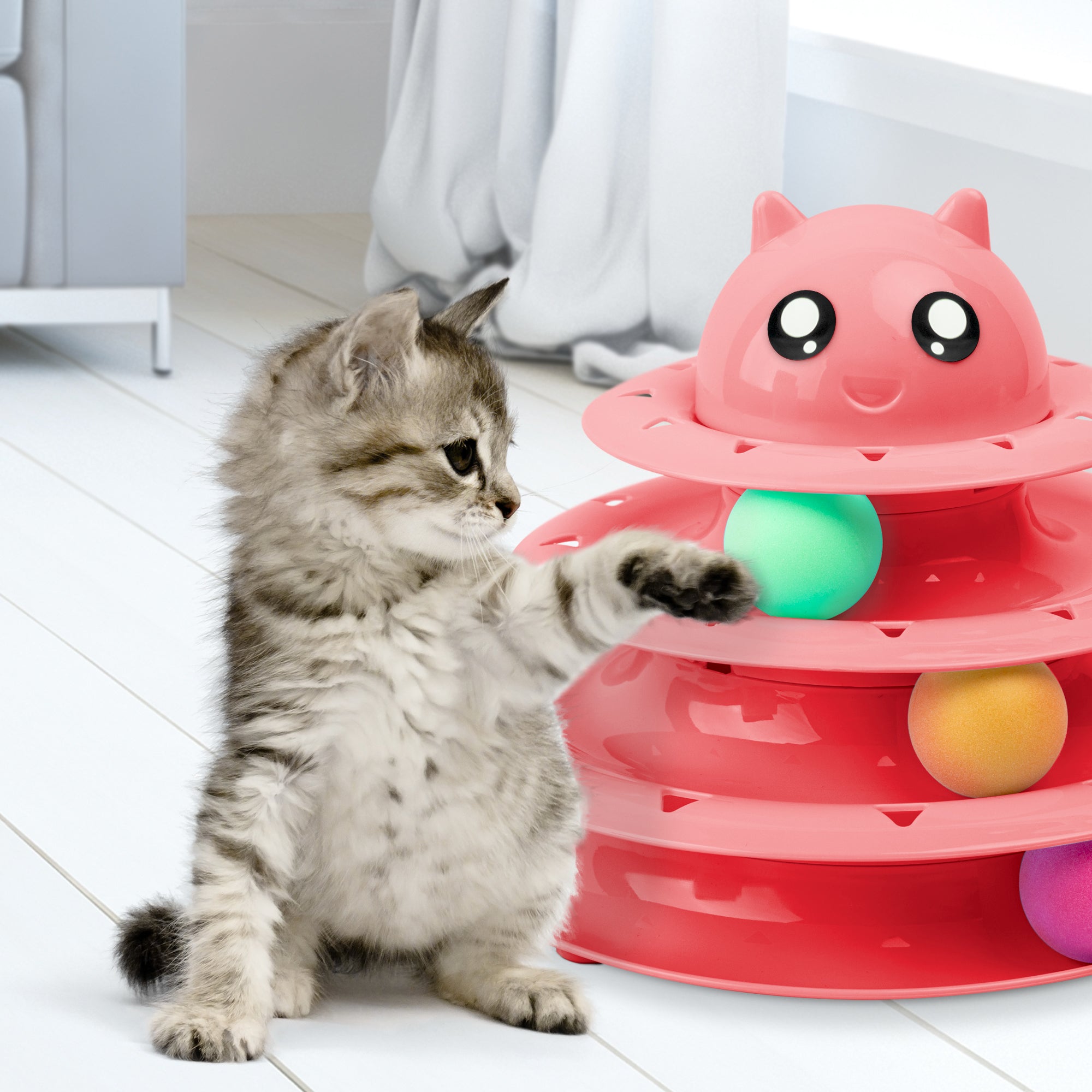 FurDreams Cat Roller Ball Toy Interactive | 3 Tier Tower Fun Cat Ball Toy with 3 Colour Balls | 3 Level Cat Teaser Toy with Cat Play Balls | Cat Puzzle Toy for Exercise and Stimulation