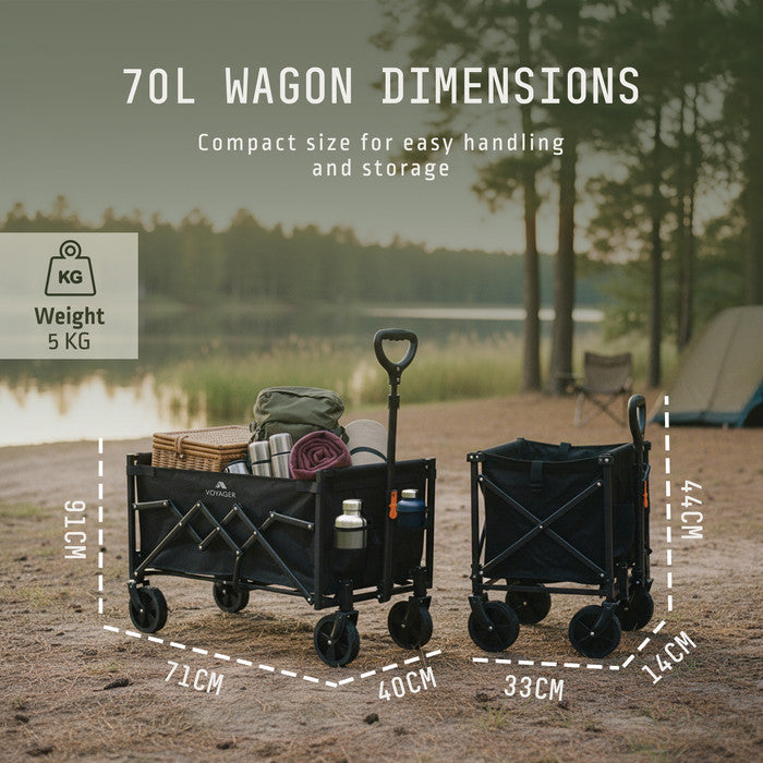 70L folding camping trolley dimensions – 71x40cm open, folds to 33x14cm, 5kg weight
