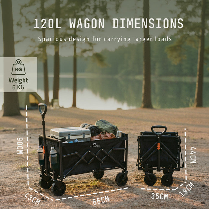 120L folding camping trolley dimensions – 66x43cm open, folds to 35x19cm, 6kg weight