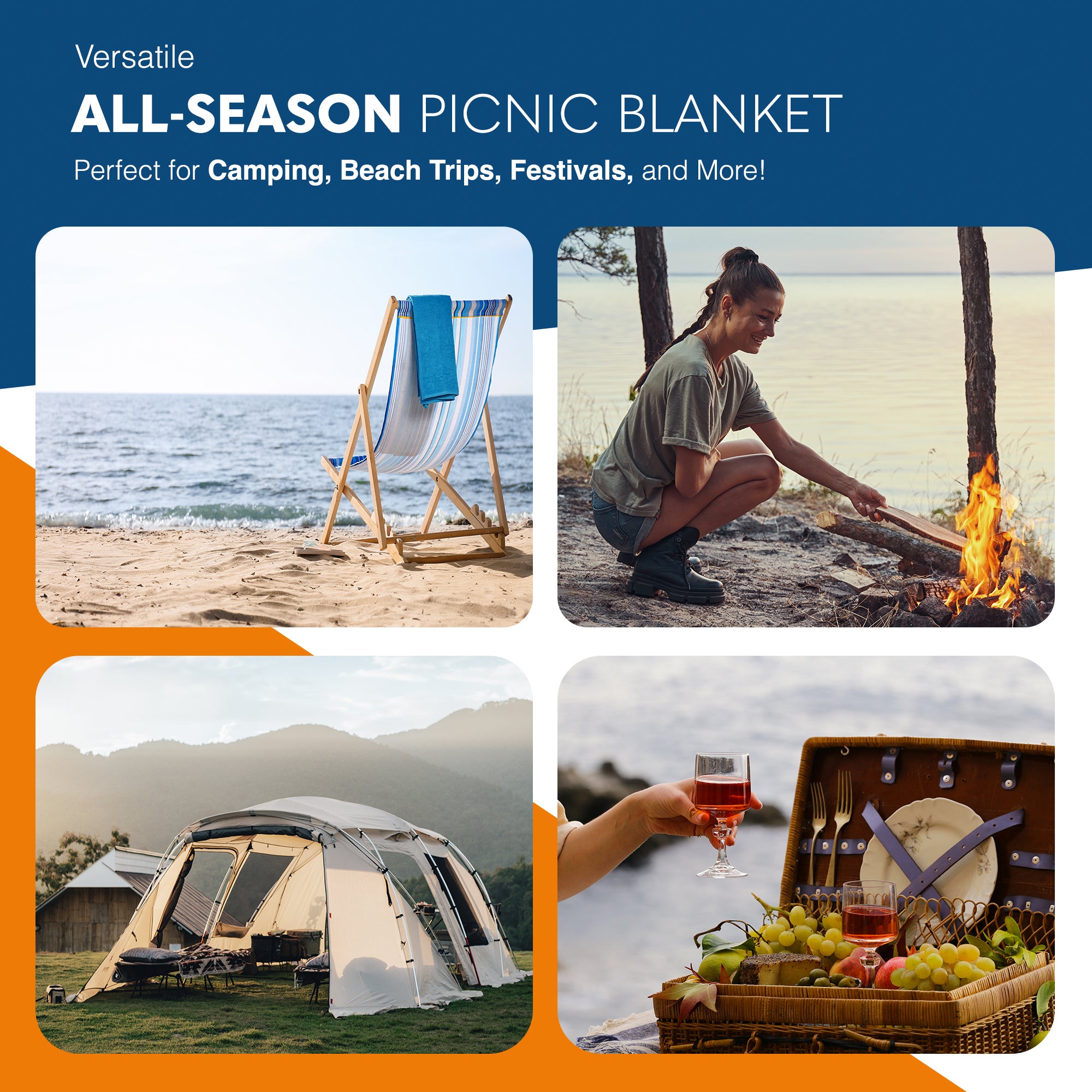 Voyager Picnic Blanket – Herringbone Extra Large Outdoor Rug 200x200cm – Waterproof & Sandproof Mat for 6-8 People – Foldable with Handle – Stylish Camping & Beach Blanket