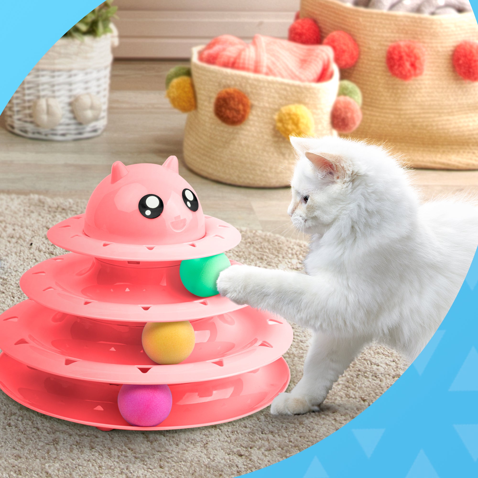 FurDreams Cat Roller Ball Toy Interactive | 3 Tier Tower Fun Cat Ball Toy with 3 Colour Balls | 3 Level Cat Teaser Toy with Cat Play Balls | Cat Puzzle Toy for Exercise and Stimulation