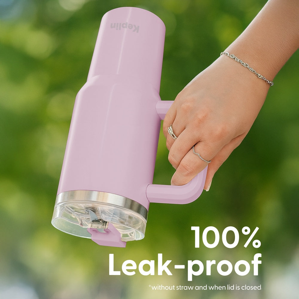 40oz Cream Pink Vacuum Tumbler Close-Up Handle Lid Detail UK