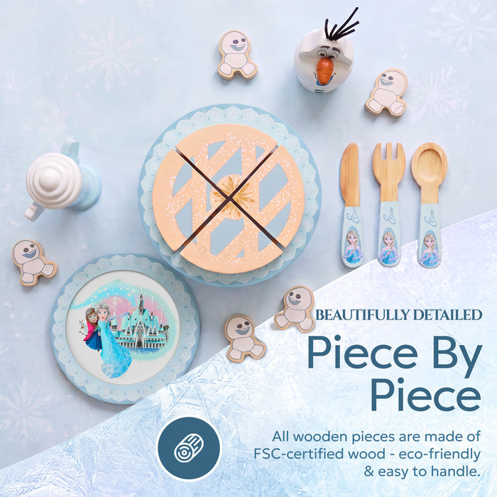 Disney Frozen Elsa wooden tea party accessories with plate, cutlery, cake and Olaf 