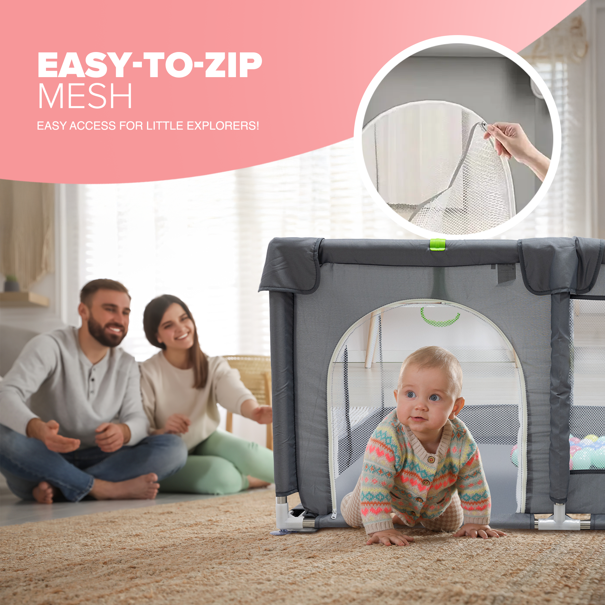 KIDOOLA Extra Large Baby Playpen with Padded Frame & Mesh Walls – Includes Balls & Pull Rings for Indoor & Outdoor Fun (150x180x65cm)