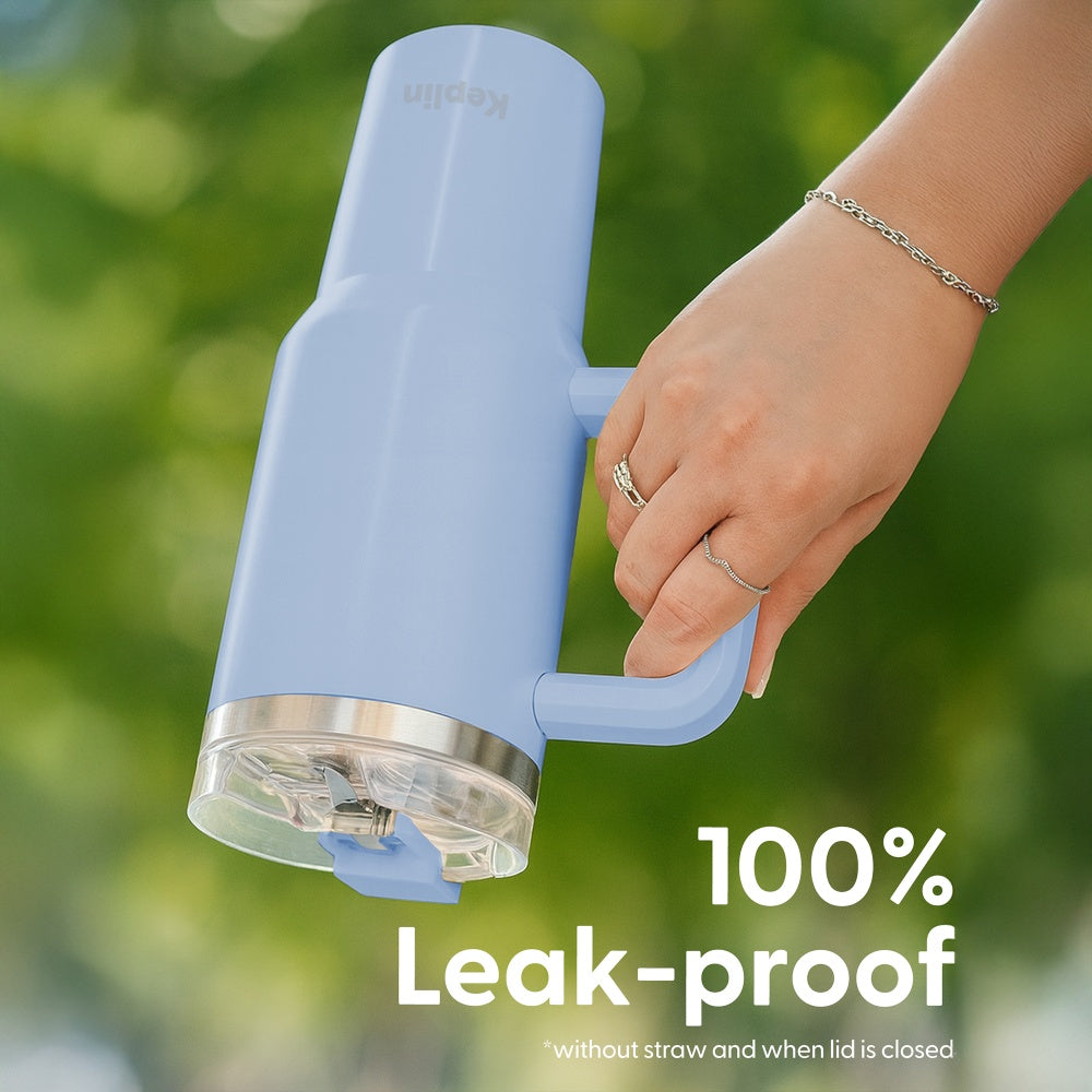 40oz Light Blue Vacuum Tumbler Close-Up Handle Lid Detail UK