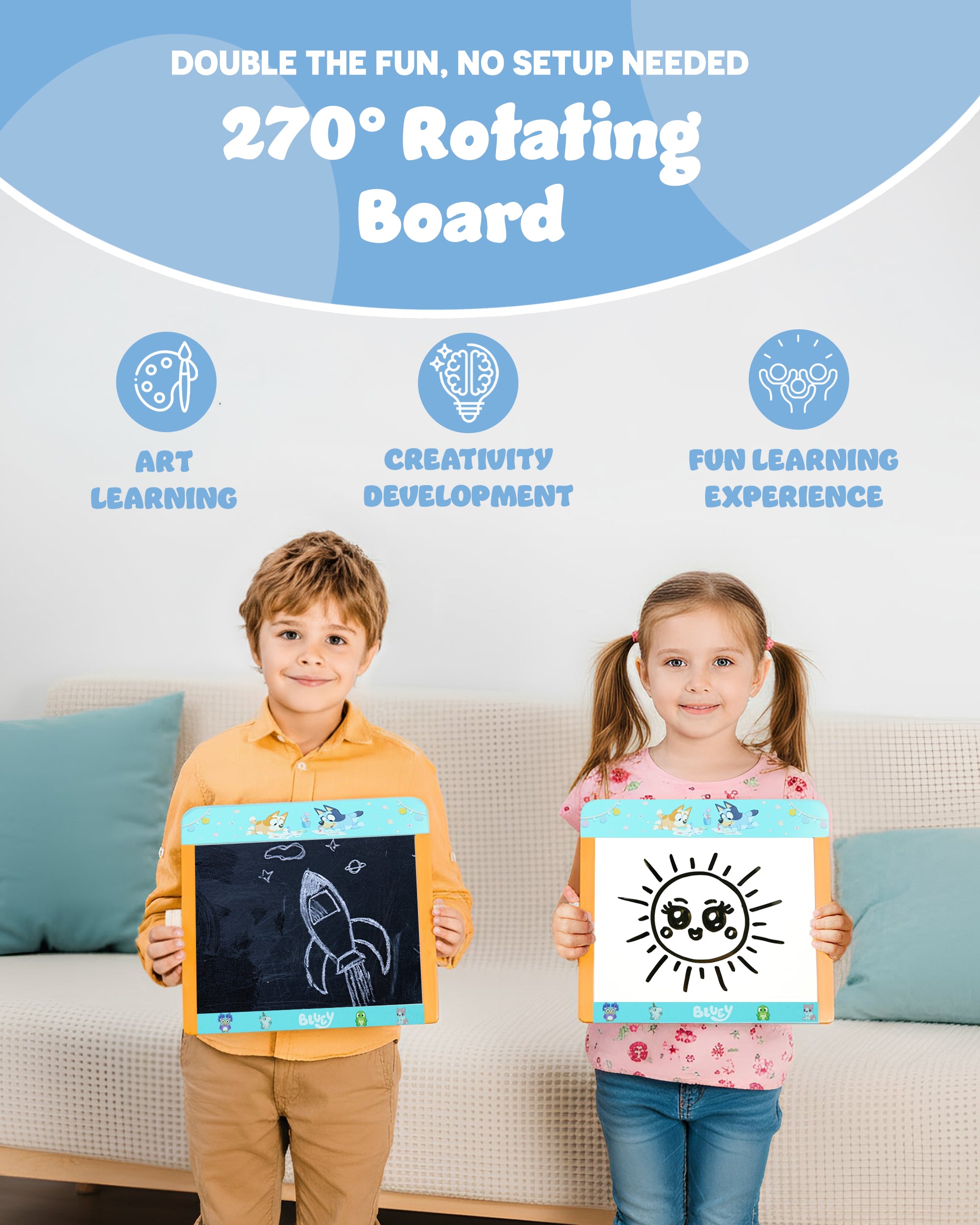 Bluey Tabletop Easel for Kids – 2 in 1 Double-Sided Chalkboard and Whiteboard with Pen, Chalk & Eraser – Portable Drawing Board for Children