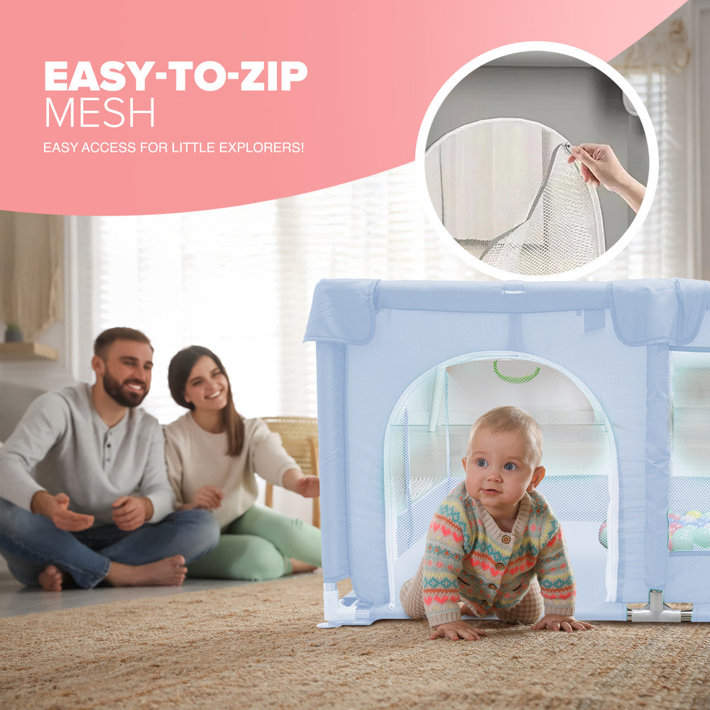 KIDOOLA Large Baby Playpen with Padded Frame & Mesh Walls – Includes Balls & Pull Rings for Indoor & Outdoor Fun (127 x 127 x 65 cm)