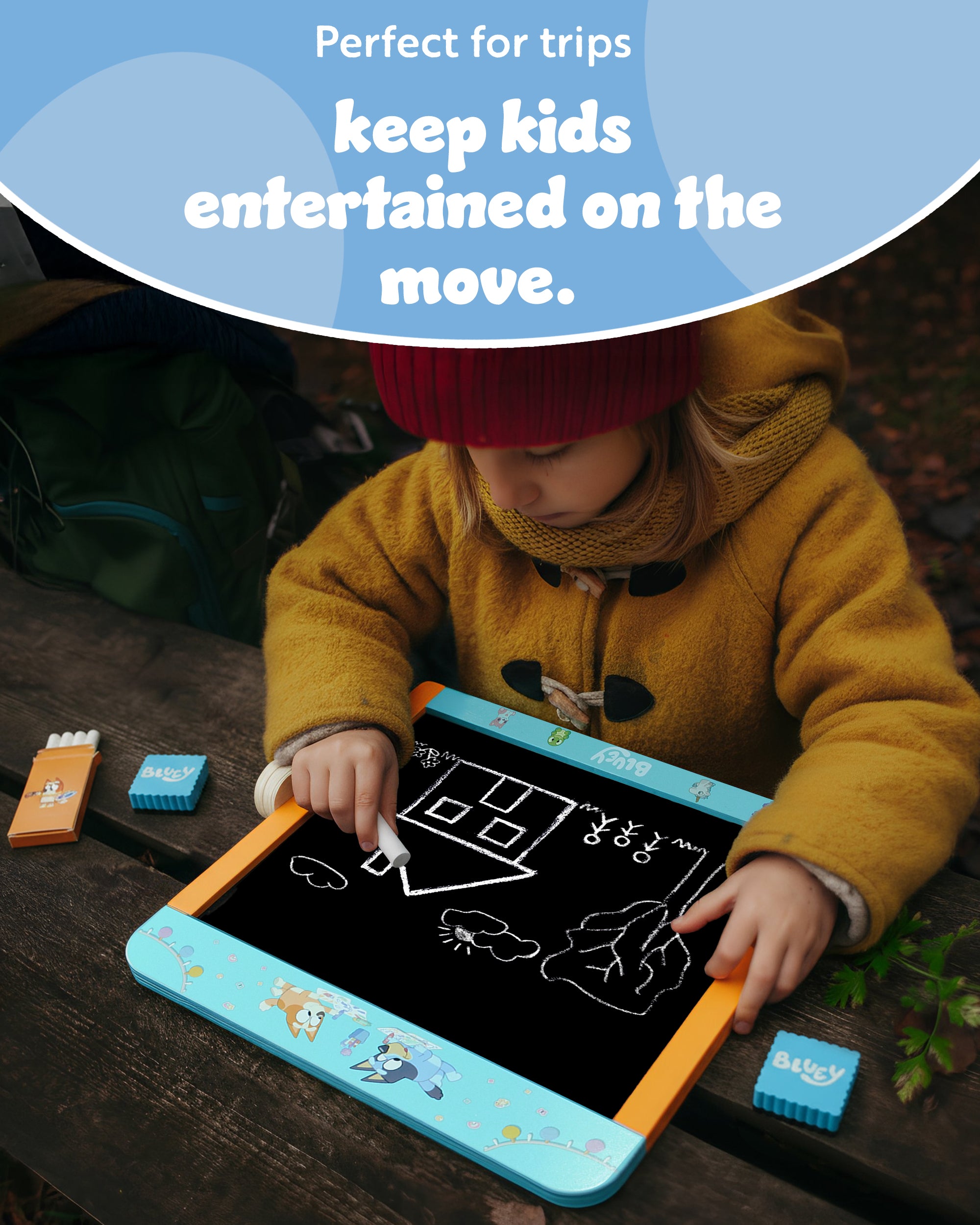 Bluey Tabletop Easel for Kids – 2 in 1 Double-Sided Chalkboard and Whiteboard with Pen, Chalk & Eraser – Portable Drawing Board for Children