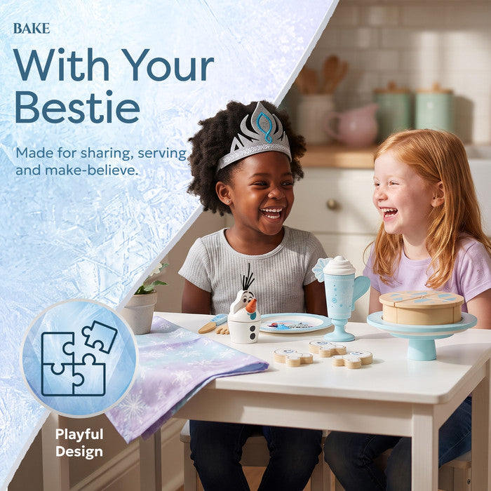 Two children sharing a Disney Frozen Elsa pretend tea party with wooden play accessories 