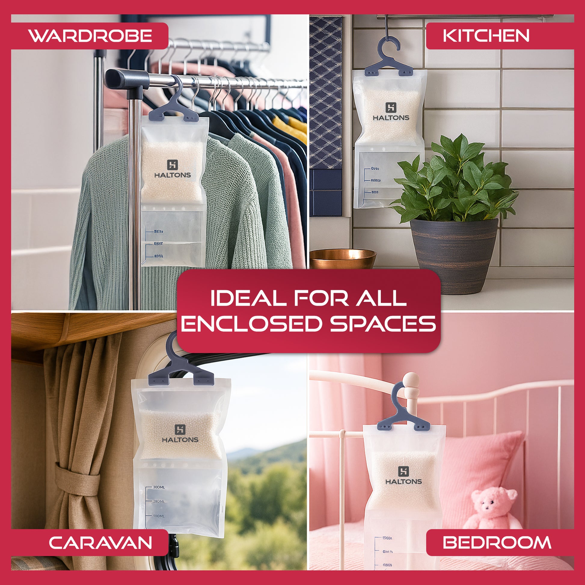 Haltons Wardrobe Dehumidifier - Pack of 5 / 10 - Hanging Moisture Absorber - Prevents Damp, Mould - Leak-Proof Bag - Absorbs Up to 3x Its Weight - Closet, Wardrobe, Bedroom Dehumidifier - 210g each – image 9
