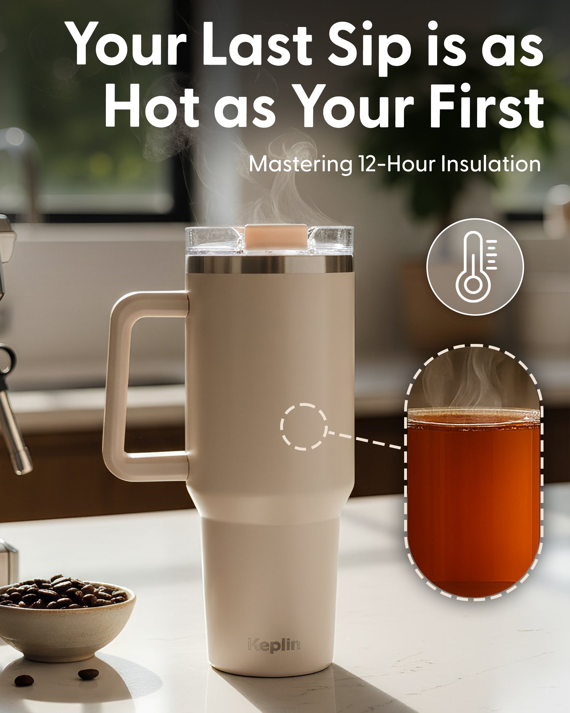 Keplin Tumbler 40 oz with Handle, Stainless Steel Vacuum Insulated Water Bottle with Straw and Lid, Cold for 29 Hours, Travel Mug, Thermal Flask, BPA Free