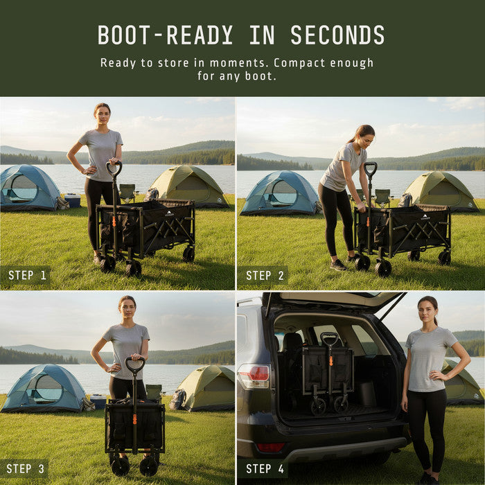 120L camping trolley folds into car boot in seconds – 4-step compact storage guide