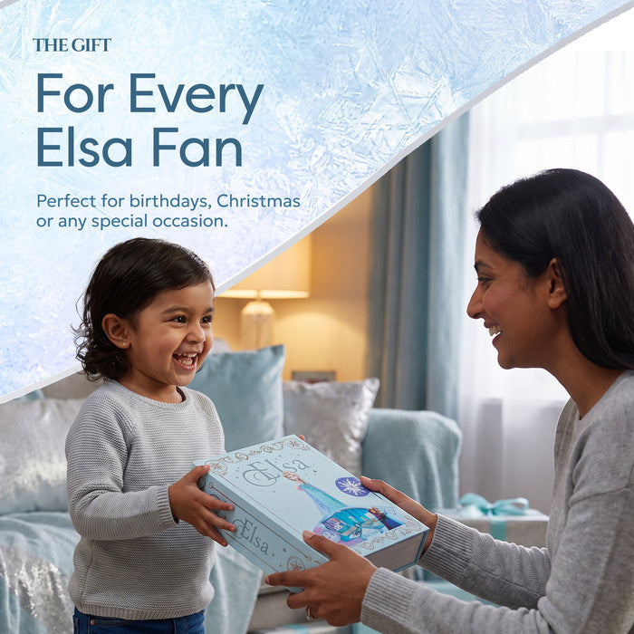 Child receiving Disney Frozen Elsa roleplay book pretend play set as a gift 