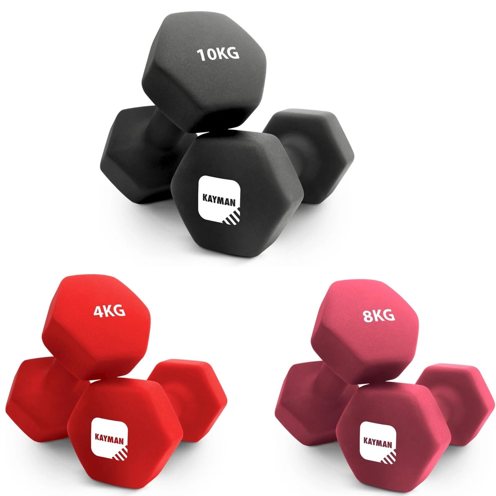 KAYMAN Neoprene Dumbbell Set: Anti-Slip Grip, Hex Edges, Water-Resistant Surface with Workout Poster Guide - Versatile Weight Set (1kg to 10kg) for Home, Gym & Fitness Training