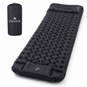 Voyager black inflatable camping mat with built-in pillow and carry bag
