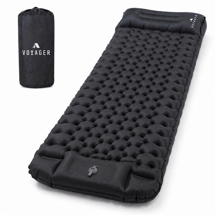Voyager black inflatable camping mat with built-in pillow and carry bag