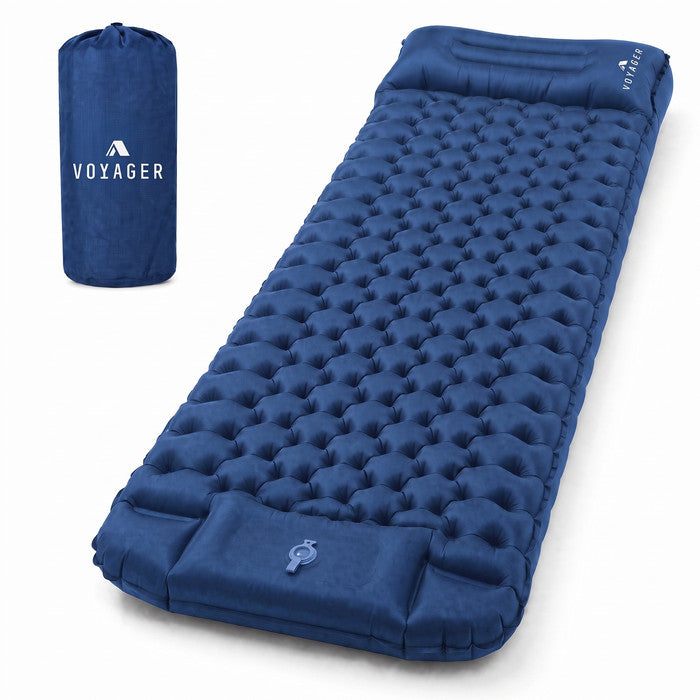 Voyager blue inflatable camping mat with built-in pillow and carry bag