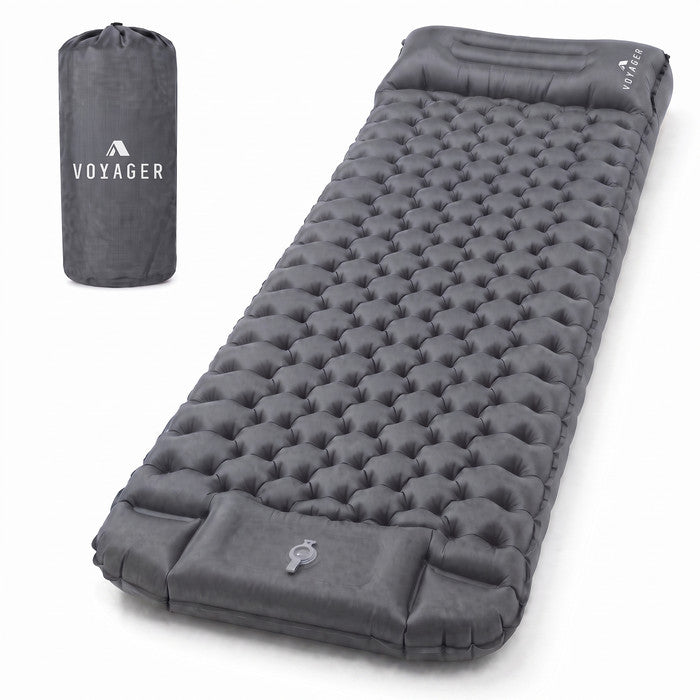 Voyager grey inflatable camping mat with built-in pillow and carry bag